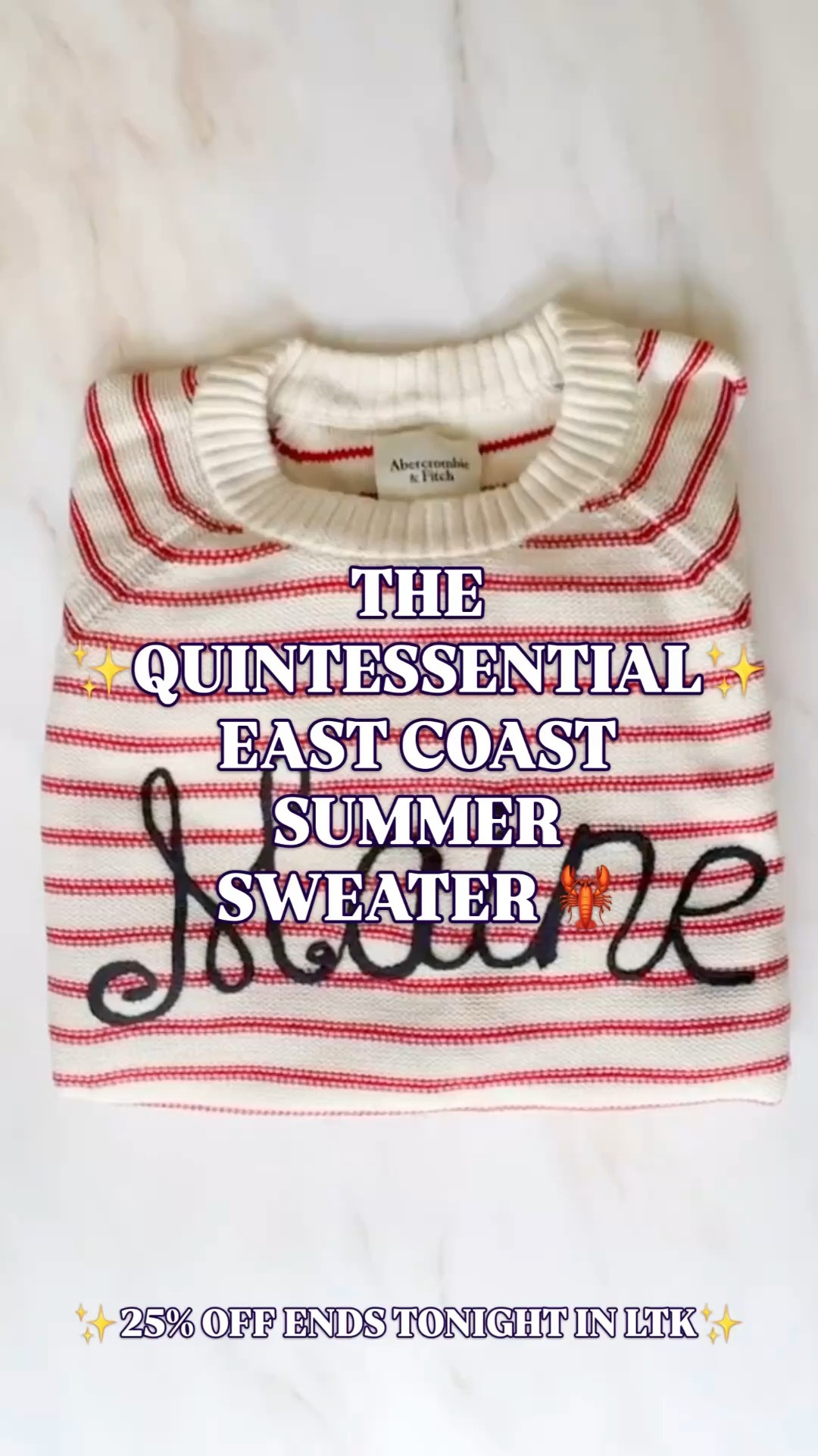 Abercrombie Maine Sweater | Coastal Sweater Women | Nautical Stripe Sweater

coastal sweater women | nautical sweater women | coastal grandmother sweater | preppy sweater women | east coast summer style

25% off through tonight only via LTK. This is the one you grab before it goes back to full price.

The Abercrombie Madeline Maine sweater and it is giving every coastal summer vibe in one piece. Red and cream nautical stripe. Navy embroidered Maine script across the chest. Ribbed crew neck, hem, and turnback cuffs. 100% cotton so it is lightweight, breathable, and soft enough for a sunset dinner and casual enough for a boat day.

This is the sweater you throw on when the sun goes down at the lake. The one you grab when the breeze picks up on the water. The one that makes white denim and sneakers look completely intentional.
Got the Maine and the quality is exactly what you want from Abercrombie.

If you are searching:
coastal sweater women
nautical sweater women
coastal grandmother sweater
east coast summer style
lake house outfit women
boat day outfit women
preppy sweater women
Maine sweater women
Abercrombie sweater
summer sweater women
coastal knit sweater
lake life sweater
beach sweater women
dockside outfit women
New England summer style
nautical stripe sweater
vacation outfits beach
spring outfits women

25% off tonight only through LTK. Do not wait on this one.
⸻
abercrombie maine sweater coastal, nautical stripe sweater women, coastal grandmother sweater 2026, east coast summer knit women, lake house sweater outfit, preppy coastal sweater affordable, new england summer style women, boat day outfit sweater, embroidered graphic sweater women, abercrombie spring sale ltk
⸻
#LTKFindsUnder100 #LTKSaleAlert #LTKSeasonal #CoastalStyle #NauticalStyle #Preppy #SummerSweater #AbercrombieStyle #EastCoastSummer #CoastalGrandmother


#LTKOver40 #LTKSaleAlert #LTKSpringSale
