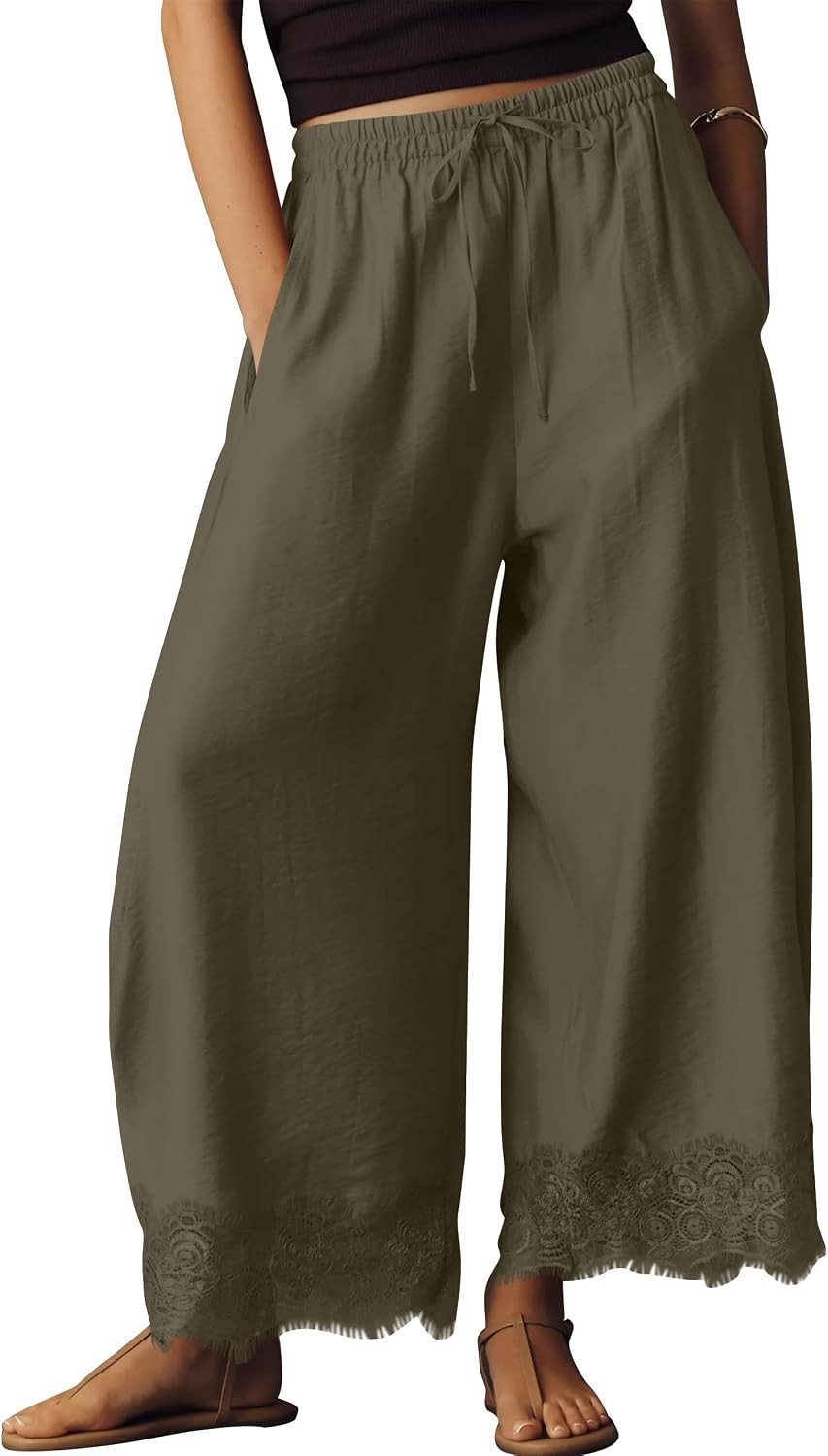 Lace Trim Wide Leg Pants for Women 2026 Spring Summer Cropped Lightweight Casual Pants Beach Vacation Outfits | Amazon (US)