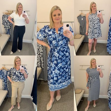 Loft try on! Pants would be great for work- black ones are a tad short for me at 5’9” though, wearing 12 in both, I’d size down if between sizes. Printed dress fits TTS, I’m in the large. Other two dresses fit big, size down one  

#LTKOver40 #LTKWorkwear #LTKMidsize