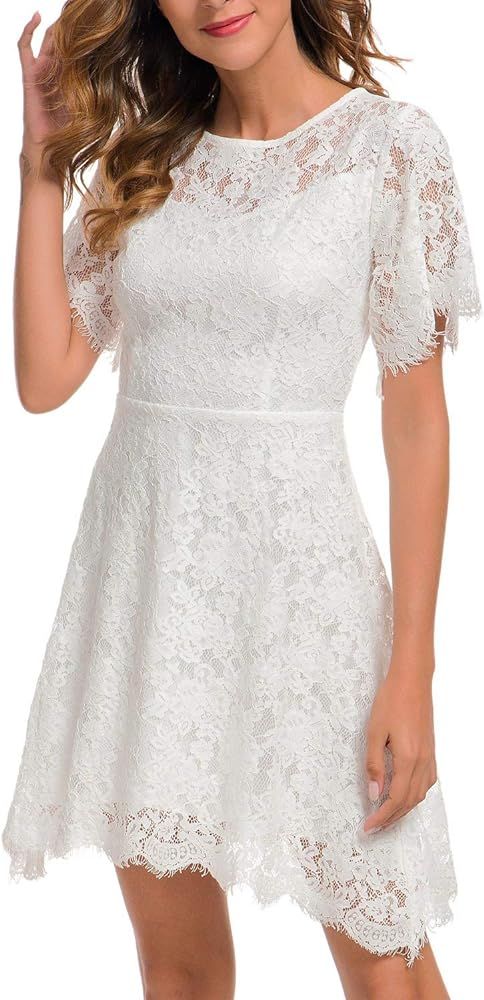 MSLG Women's Elegant Round Neck Short Sleeves Wedding Guest Floral Lace Cocktail Party Dress 943 | Amazon (US)