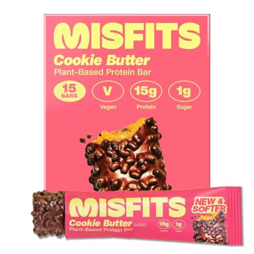 Misfits Vegan Protein Bars, Cookie Butter - Updated Recipe | Plant Based, Low Sugar & Carb, High Fiber Snacks | Pack of 15 | Amazon (US)