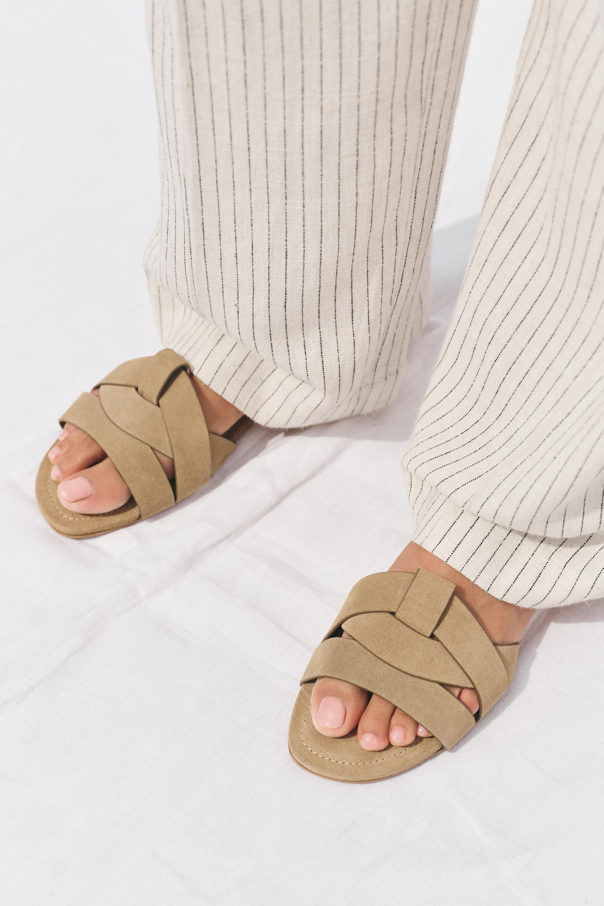 FLAT SUEDE CROSSED SANDALS | Zara Canada