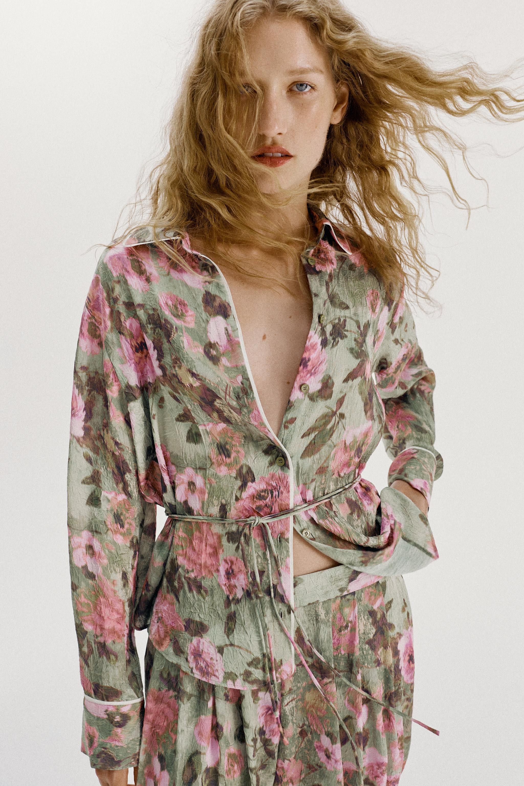 FLORAL PRINT SHIRT WITH THIN BELT | Zara US