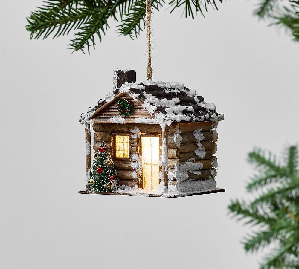 Lit Snowy Cabin Ornament | Pottery Barn (US)