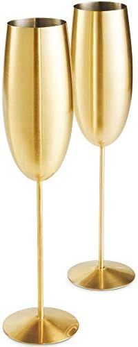 VonShef Gold Champagne Glasses, Shatterproof Stainless Steel, Set of 2 Brushed Gold 9oz Champagne Fl | Amazon (US)