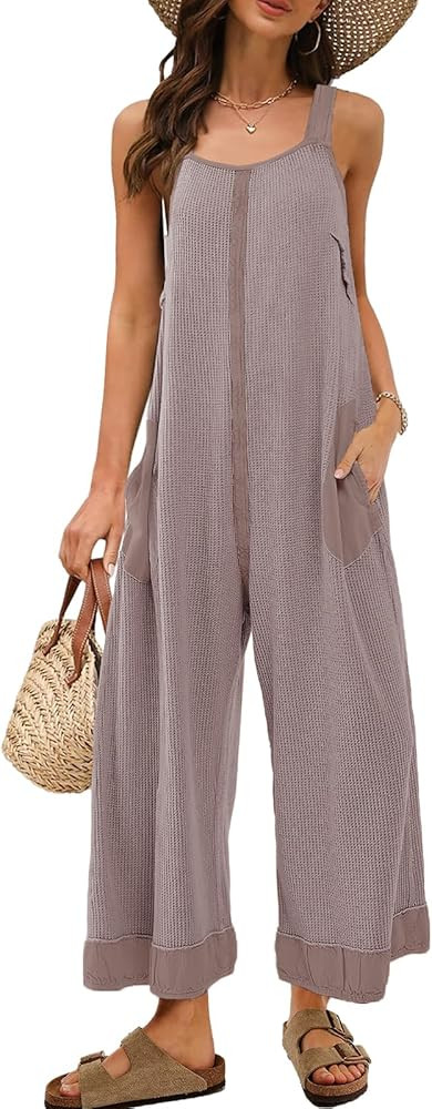 Panadila Womens Open Back Wide Leg Jumpsuits Sleeveless Waffle Knit Romper Loose Fit Overalls wit... | Amazon (US)