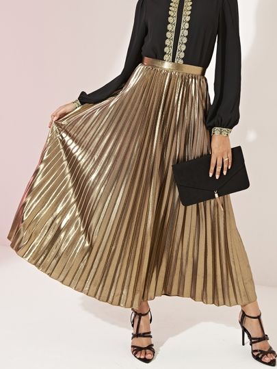 SHEIN Wide Waistband Pleated Metallic Skirt | SHEIN
