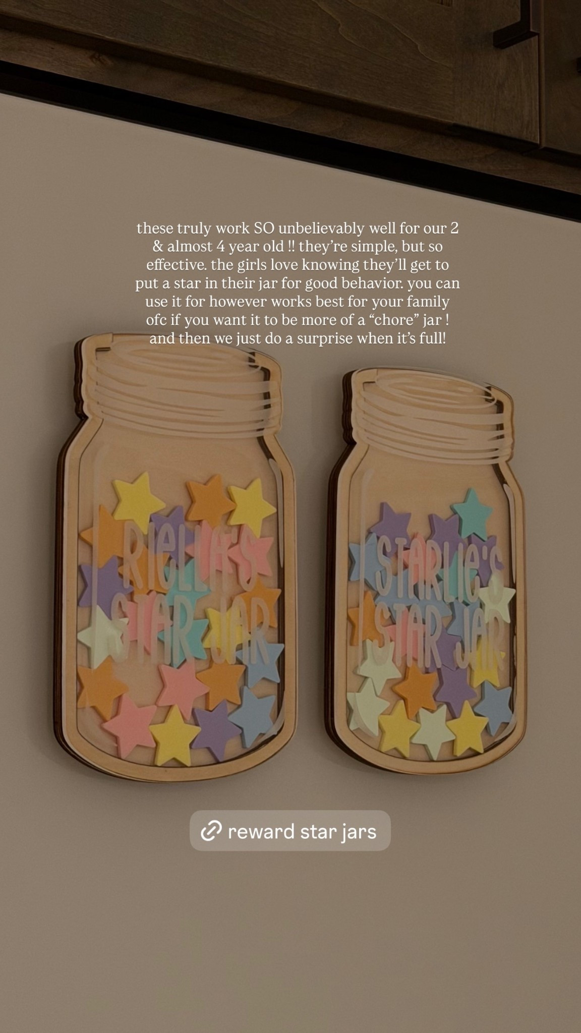 these truly work SO unbelievably well for our 2 & almost 4 year old !! they’re simple, but so effective. the girls love knowing they’ll get to put a star in their jar for good behavior. you can use it for however works best for your family ofc if you want it to be more of a “chore” jar ! and then we just do a surprise when it’s full!