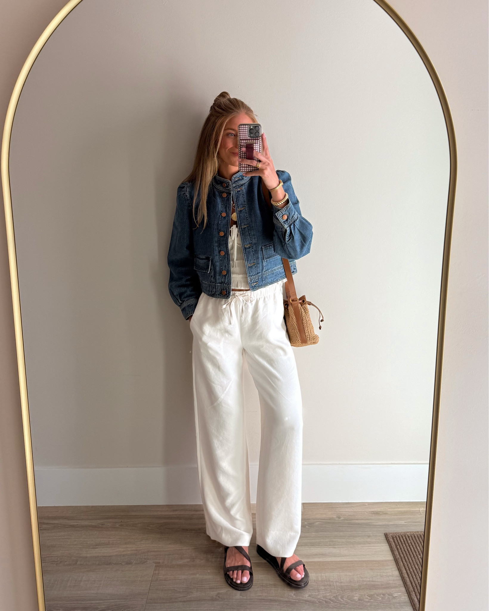 What u wore to dinner while on vacation 
Love these white drawstring pants. Almost impossible to wrinkle. Size medium long for pregnancy 
Sized up in jacket one size
Size small in top
Jewelry is old from Anthro

#LTKTall #LTKootd #LTKBump