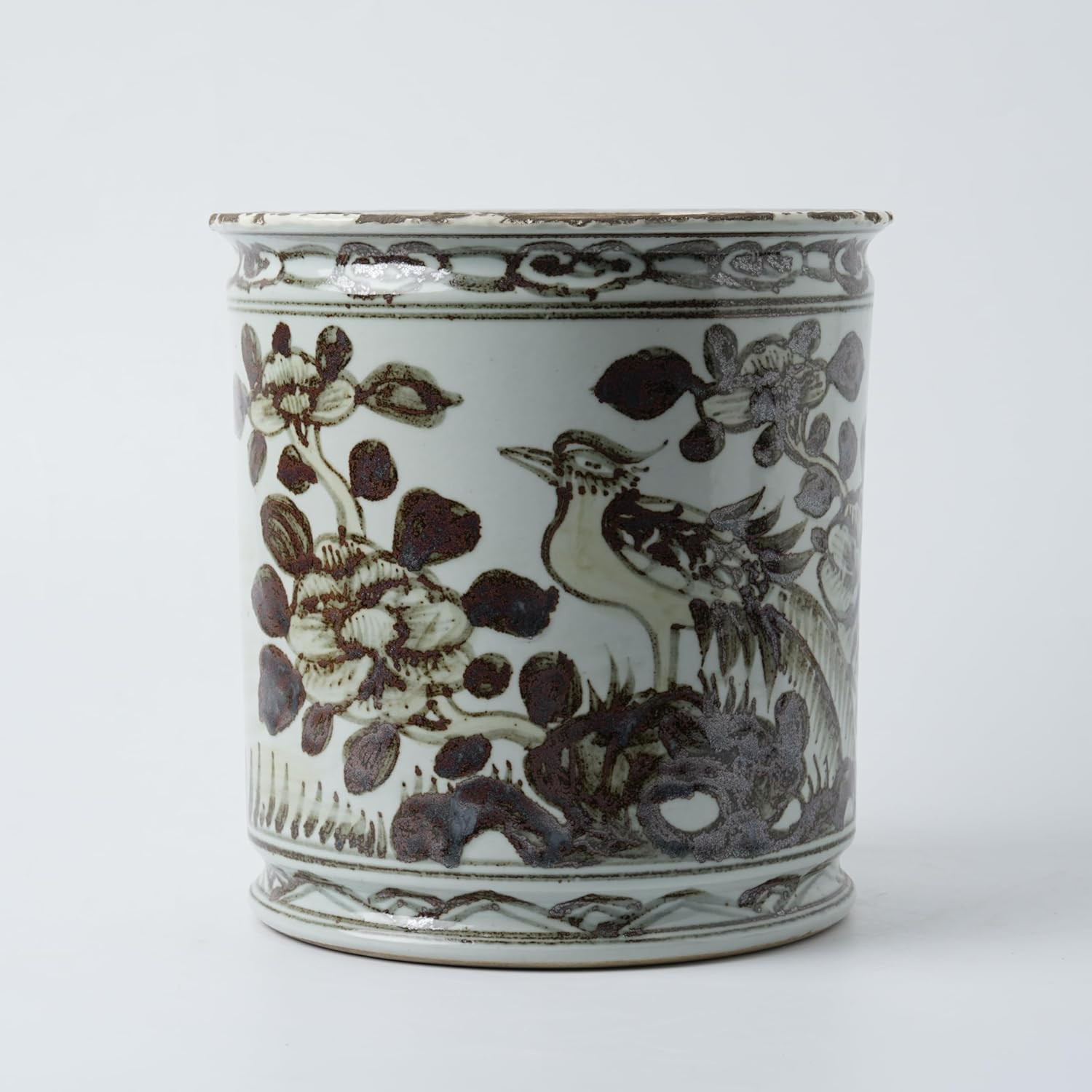 Antique Hand-Painted Flower and Bird Porcelain Pen Holder Old Style Ceramic Planter 9.7 Inch Large Plants Vase Blue & White Porcelain Silla Flower Plant Pots (Brown) | Amazon (US)