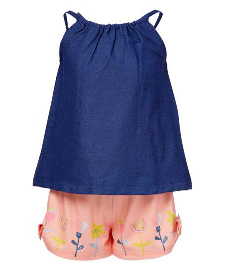 Navy Chambray Tank & Coral Floral Bow-Accent Shorts - Girls | Zulily