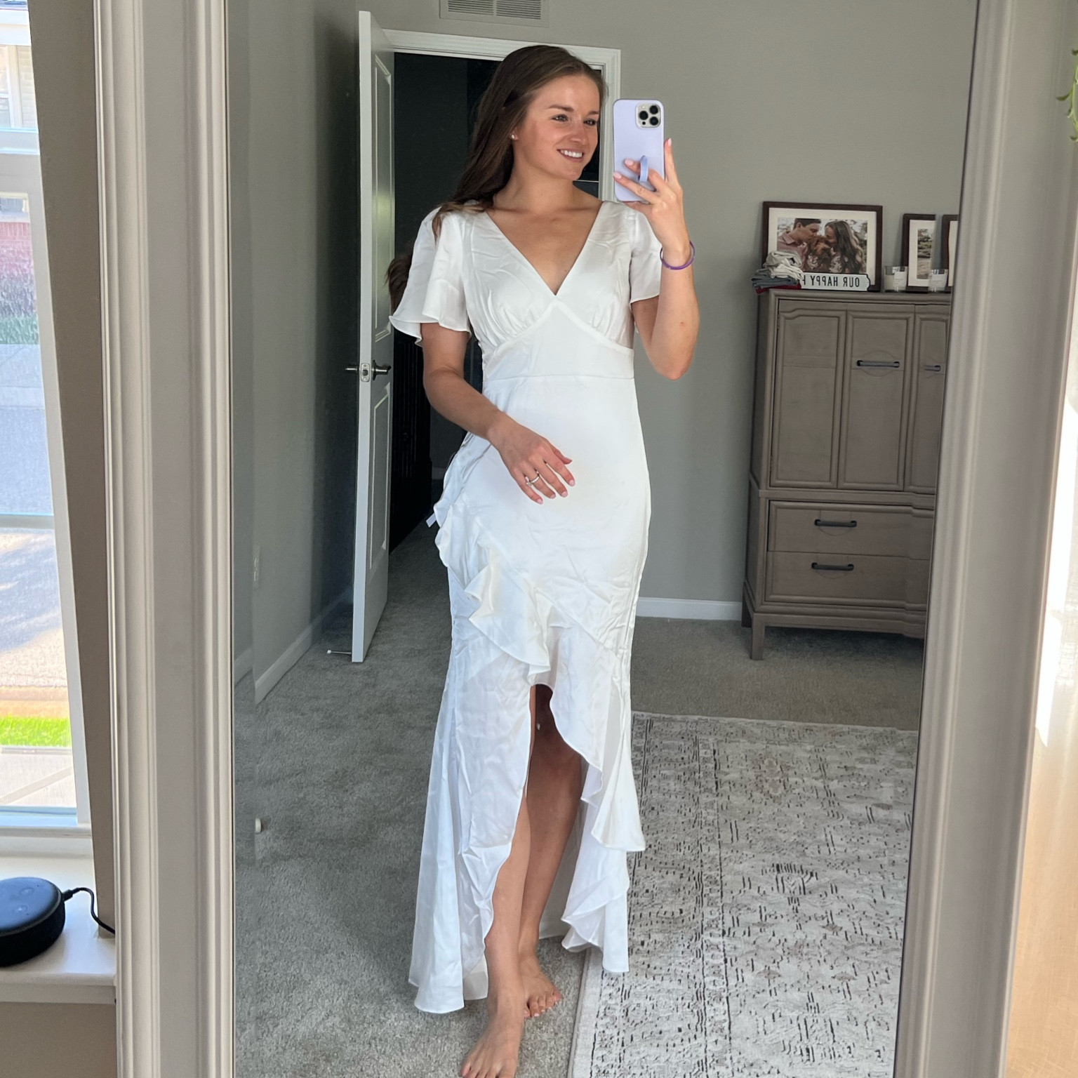 Bridal era: short sleeve ruffle satin dress, wearing size M 

#LTKSeasonal #LTKwedding #LTKfindsunder100
