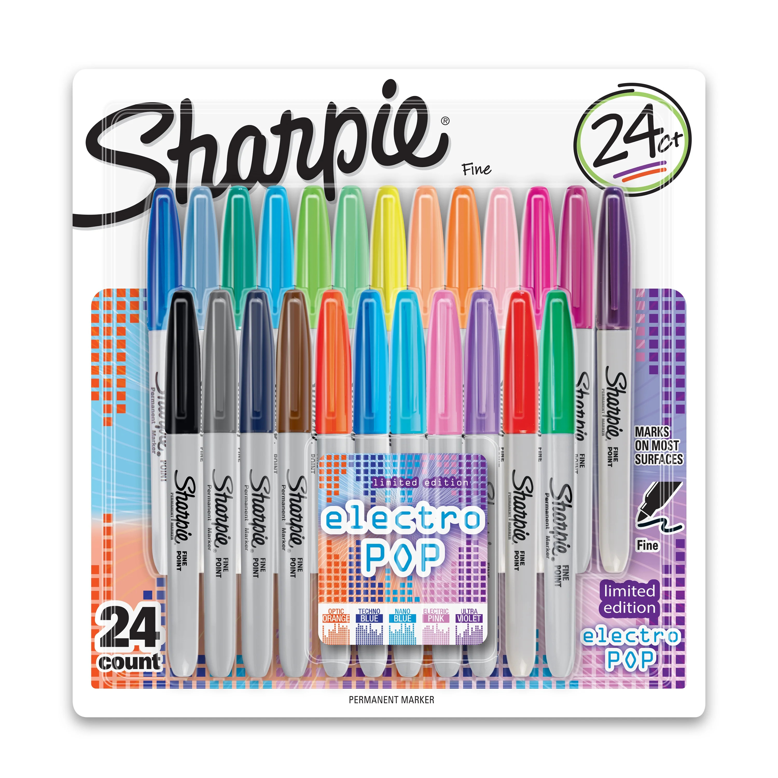 Sharpie Electro Pop Permanent Markers, Fine Point, Assorted Colors, 24 Count | Walmart (US)