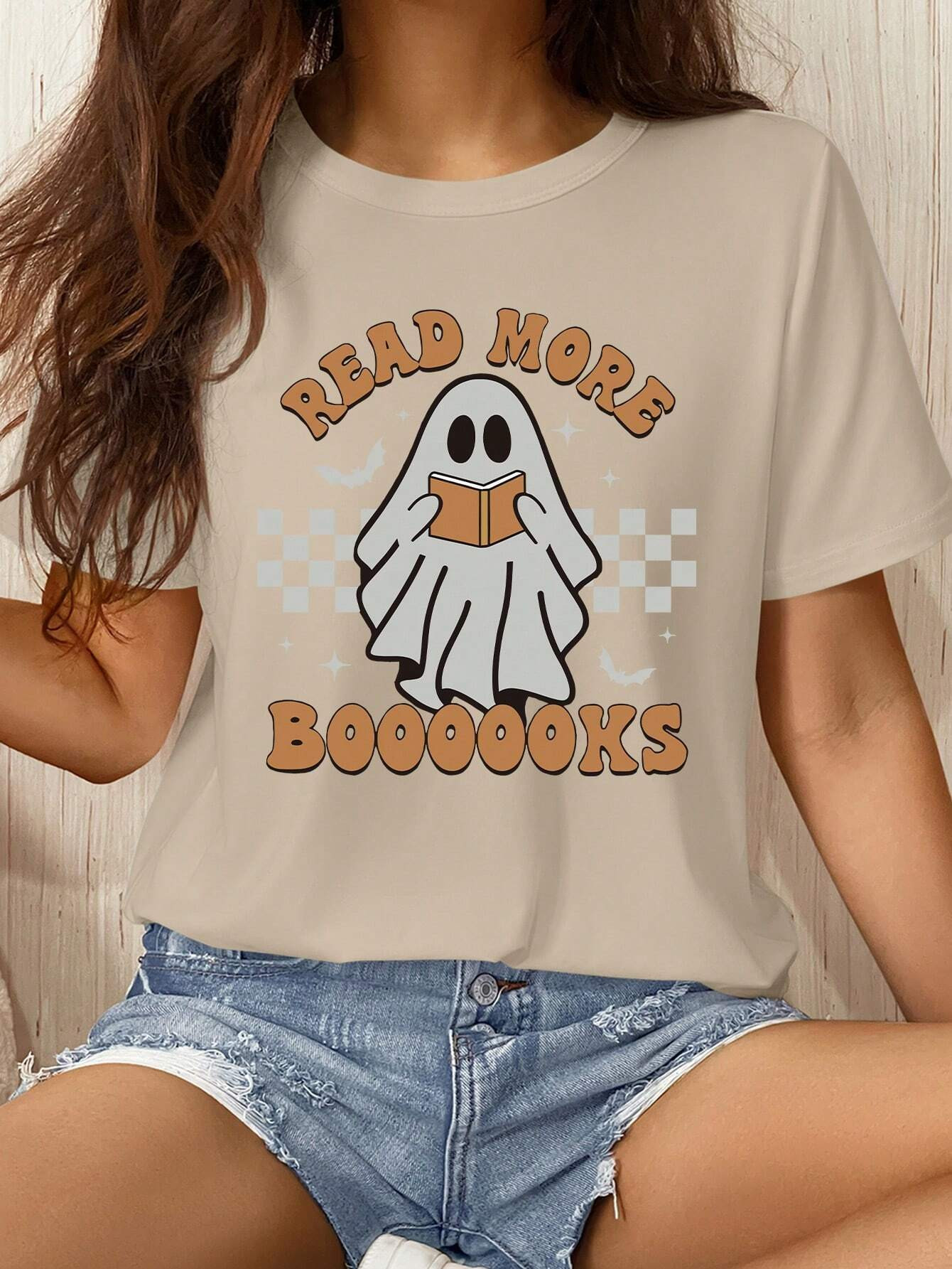 SHEIN EZwear Basic Women Short Sleeve Tee With "Ghost And English Letter" Graphic Print, Casual &... | SHEIN