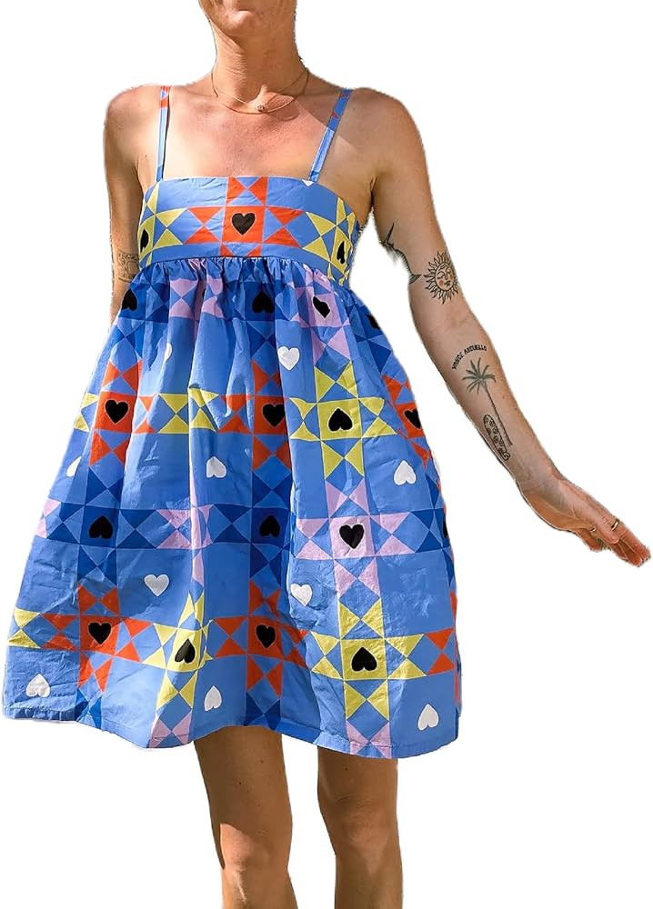 Women Boho Graffiti Cami Mini Dress Spaghetti Strap Printed A Line Short Dress Cute Colorful Sund... | Amazon (US)