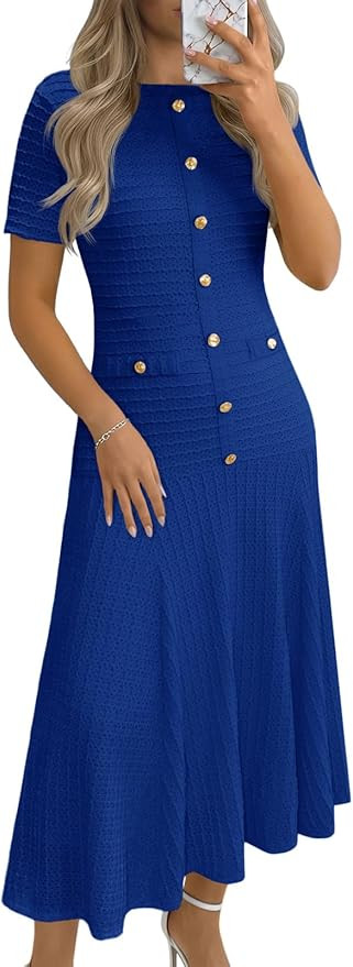 Wenrine Womens Midi Dress Summer Casual Short Sleeve Crewneck Button Decor. Textured Slim Fit A L... | Amazon (US)