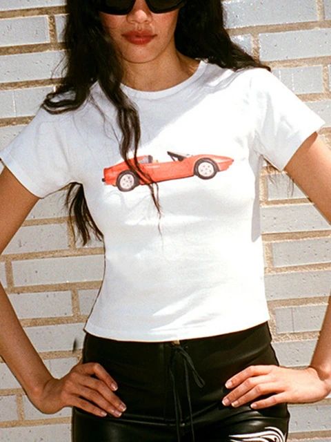 Car Pattern Print T-shirt Women Summer O Neck Organic Cotton Slim  Short Sleeve T-shirts Female C... | AliExpress (US)