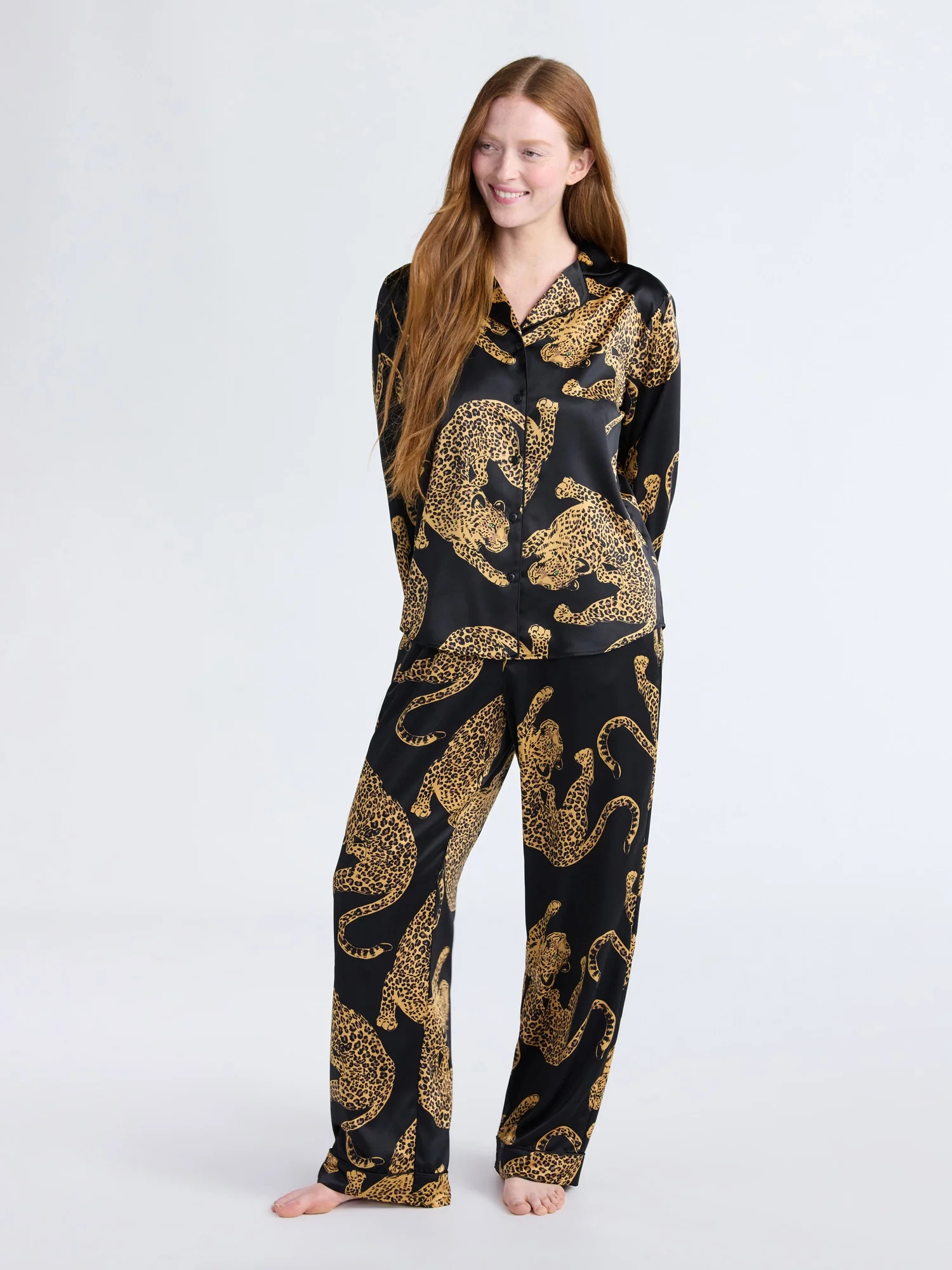 Joyspun Women’s Stretch Satin Notch Long Sleeve Top and Pants Pajama Set, 2-Piece, Sizes XS-3X | Walmart (US)