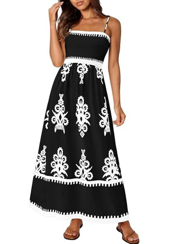 PRETTYGARDEN Summer Dress for Women 2025 Floral Sundress Spaghetti Strap Flowy Beach Vacation Boho Maxi Dresses (Black White Floral,Large) | Amazon (US)