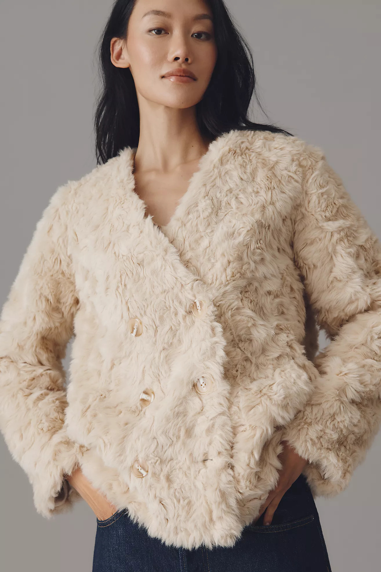Maeve Faux Fur Collarless Double-Breasted Jacket | Anthropologie (US)