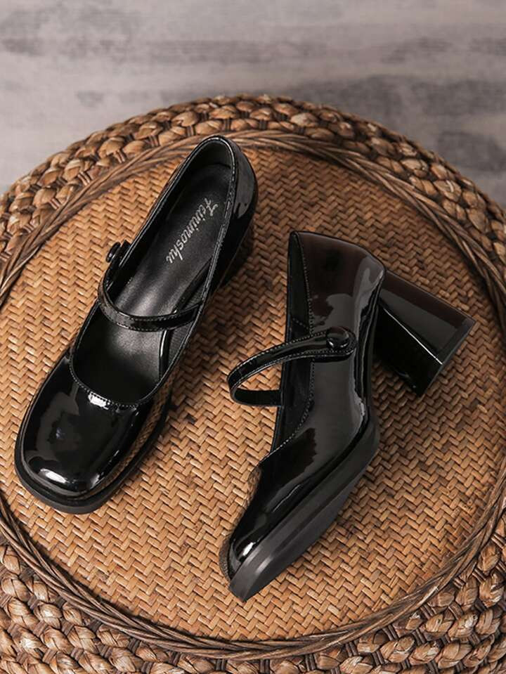Elegant Black Mary Jane Pumps For Women, Button Decor Square Toe Chunky Heeled Pumps | SHEIN