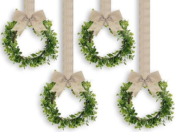 4 Pieces Faux Kitchen Cabinet Wreaths Boxwood Wreaths with Ribbon Artificial Green Leaves Wreaths... | Amazon (US)