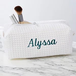 Embroidered White  Waffle Weave Makeup Bag - #17001-BM | Personalization Mall