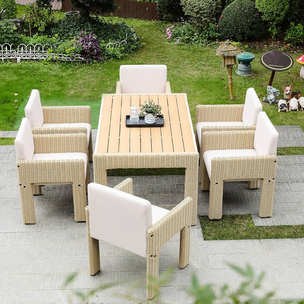 Modern Patio Dining Set of 6, 7 Piece Outdoor Dining Set with Soft Seat Cushion, PE Wicker Dining... | Amazon (US)