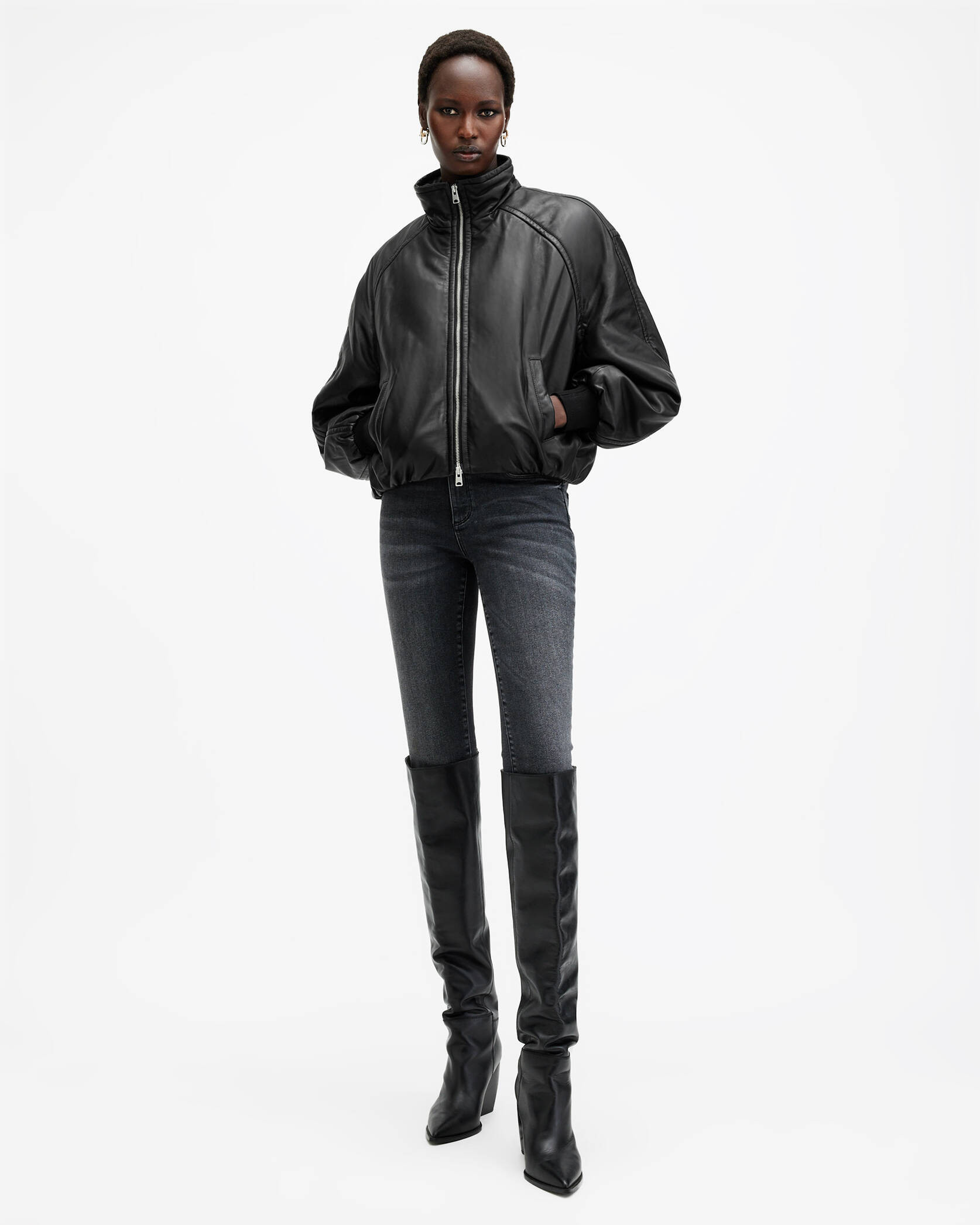 Rowan Funnel Neck Leather Bomber Jacket Black | ALLSAINTS | AllSaints UK