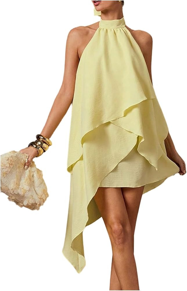 Verdusa Women's Halter Summer Dresses Ruffle Tie Backless Sleeveless Wedding Guest Dress | Amazon (US)