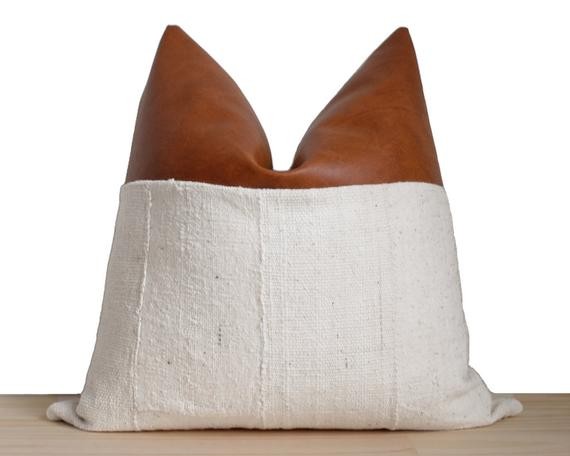 Natural Mudcloth and Faux Leather Pillow Cover | 'Indi' | Etsy (US)