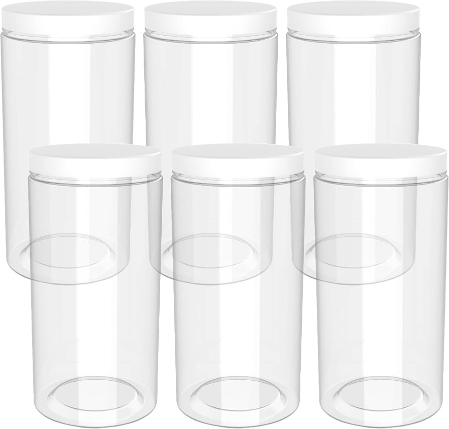 48oz (1420 ml, 6 Pack) Clear Tall Plastic Jars with Smooth White Lids and Labels, Cylindrical Foo... | Amazon (US)