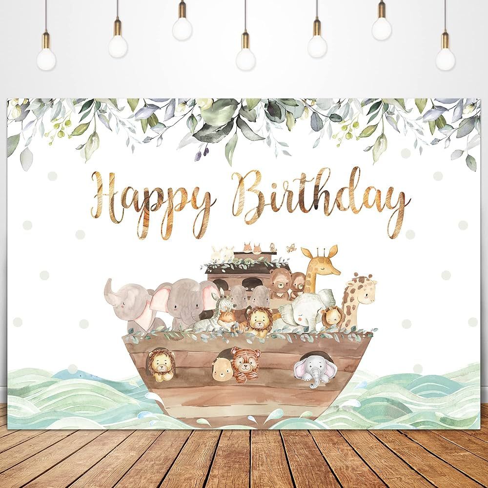 Glawry Noahs Ark Decorations Happy Birthday Backdrop 7Wx5H Feet Cute Greenery Animal Gender Neutr... | Amazon (US)