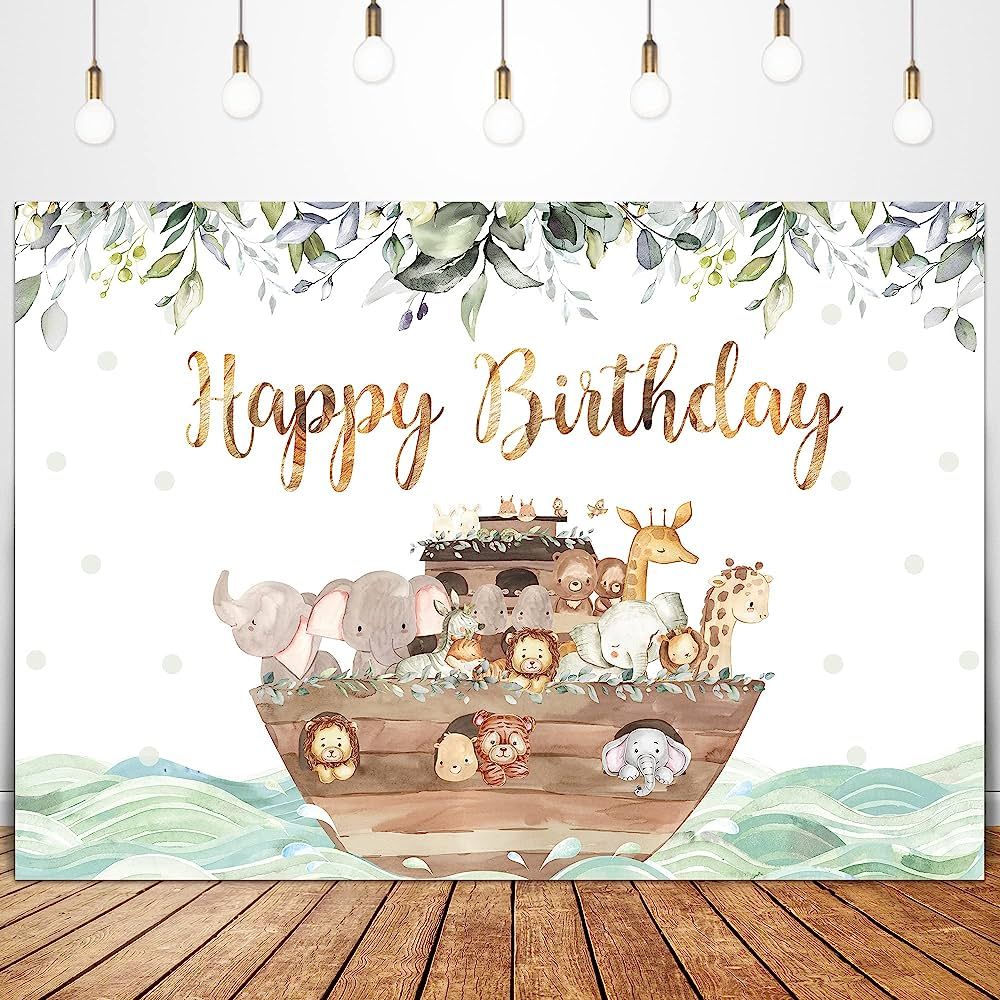 Glawry Noahs Ark Decorations Happy Birthday Backdrop 7Wx5H Feet Cute Greenery Animal Gender Neutr... | Amazon (US)