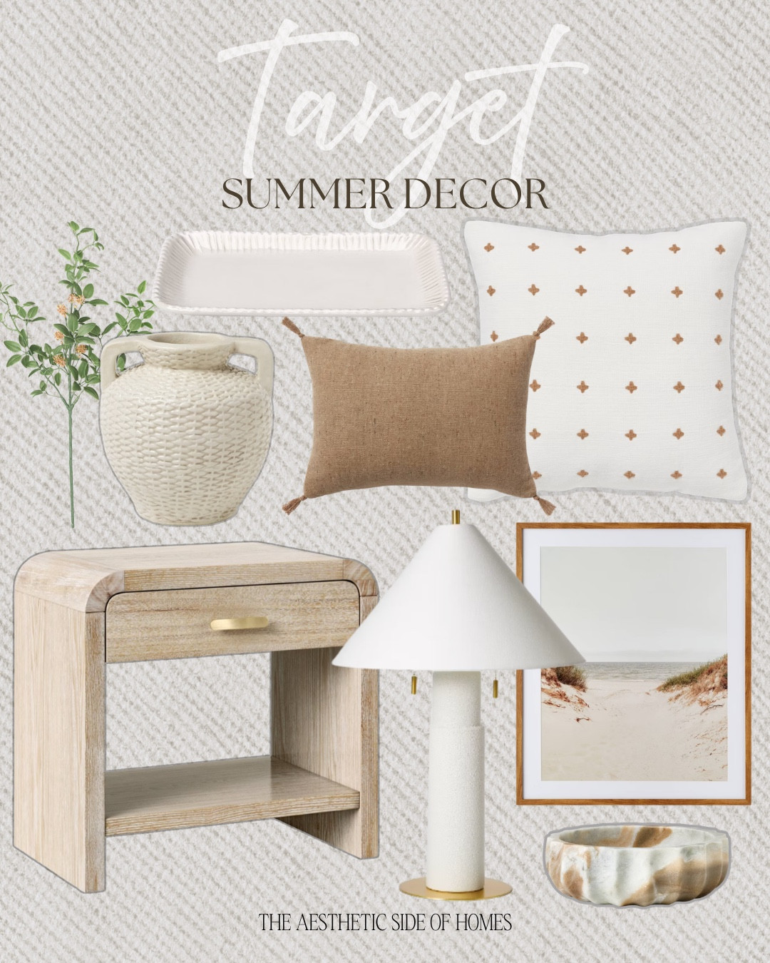 Summer decor from Target includes throw pillows, throw blanket, vase, greenery stem, tray, nightstand, table lamp, wall art, and decorative bowl.

Home decor, neutral home decor, summer decor, looks for less

#LTKvlog #LTKHome #LTKSeasonal