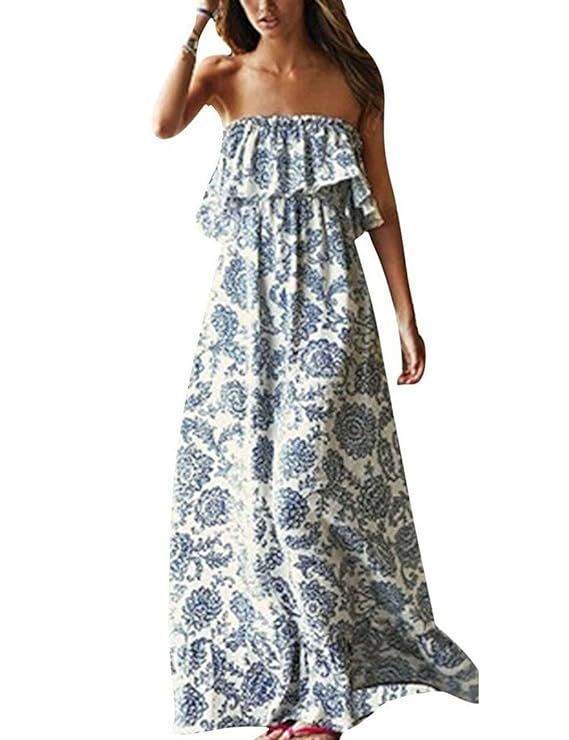 Yidarton Women Summer Blue and White Porcelain Strapless Boho Maxi Long Dress | Amazon (US)