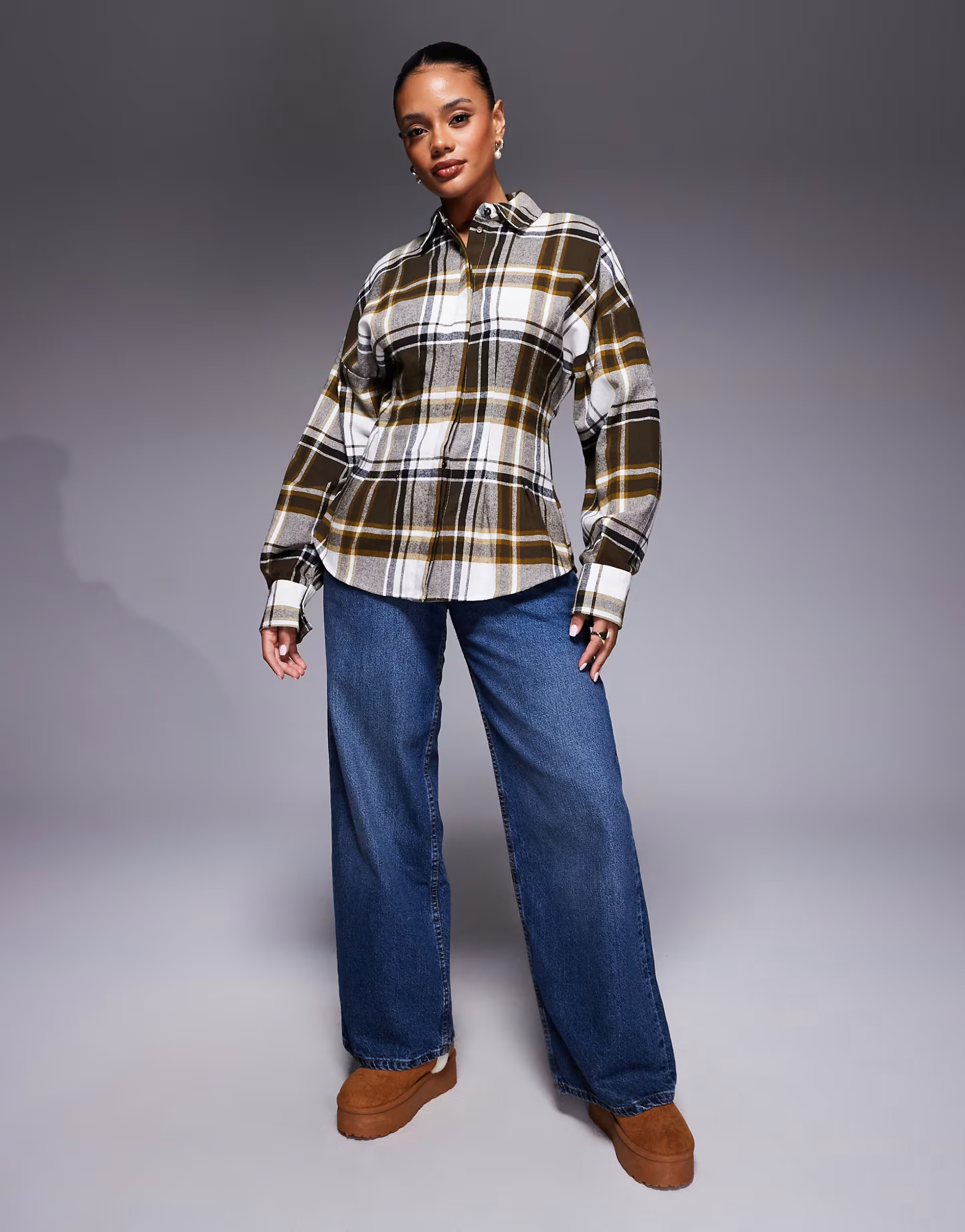 ASOS DESIGN cinched waist shirt in khaki check | ASOS (Global)