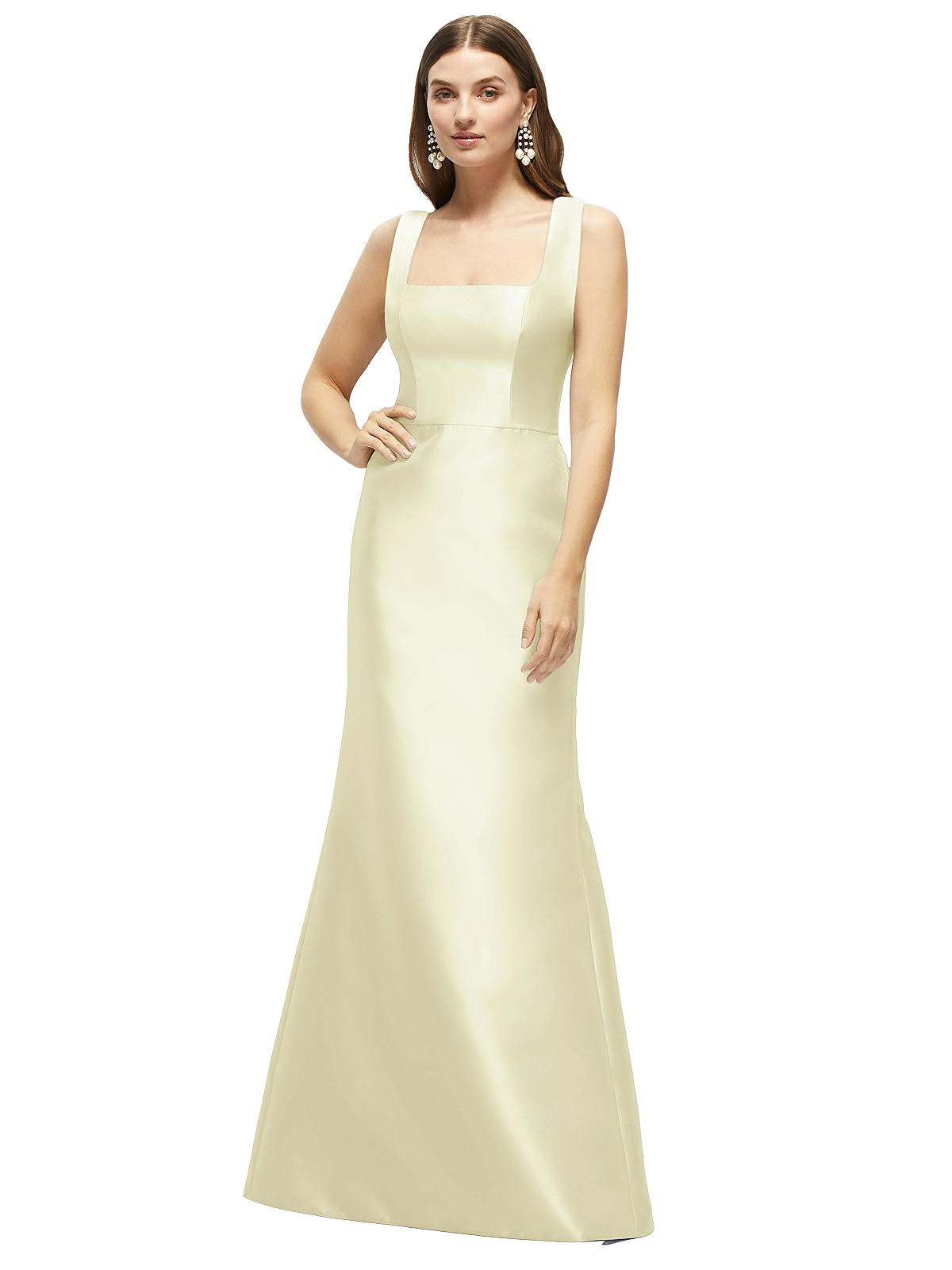 Satin Square Neck Fit and Flare Maxi Dress in Butter Yellow | Dessy Group