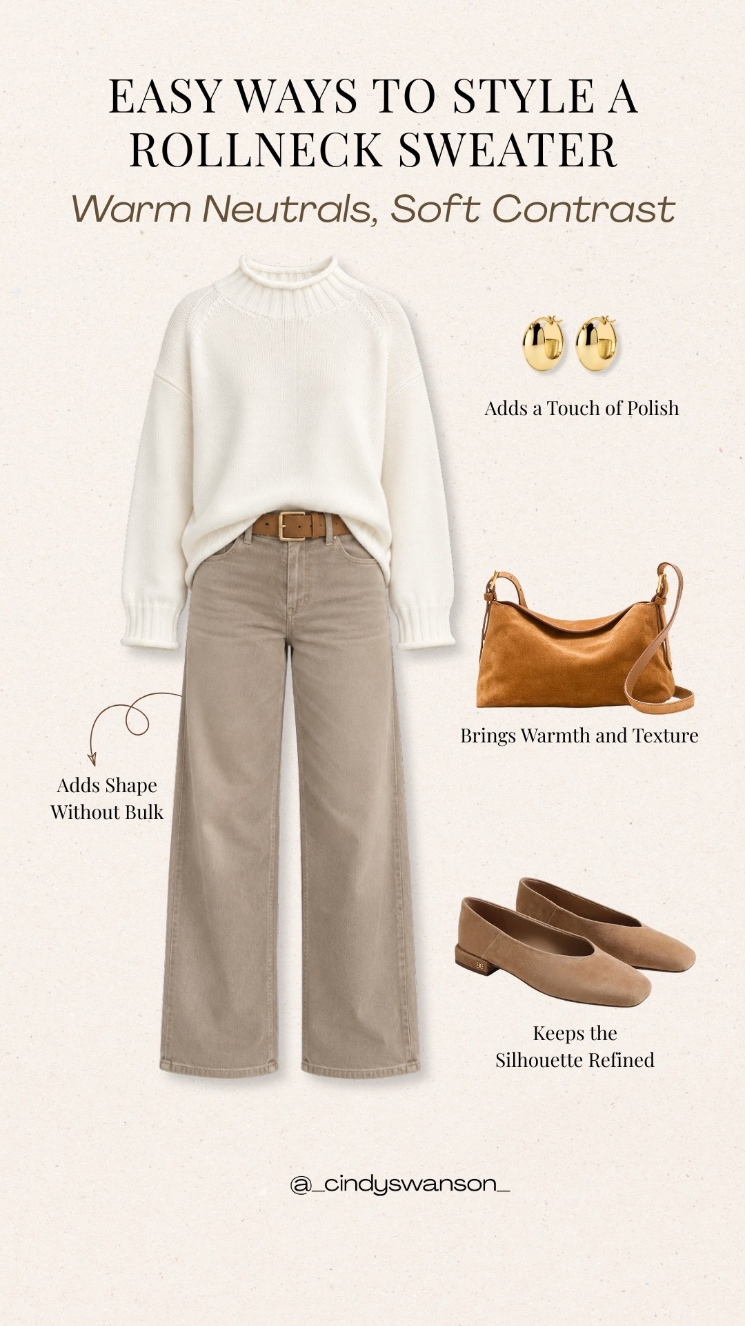 A classic cream rollneck sweater paired with taupe wide-leg jeans is such an easy way to create a warm, polished neutral outfit. I love the simple combination of a leather belt, suede bag, and flats for a refined look that still feels effortless.

#LTKootd #LTKOver40 #LTKgrwm