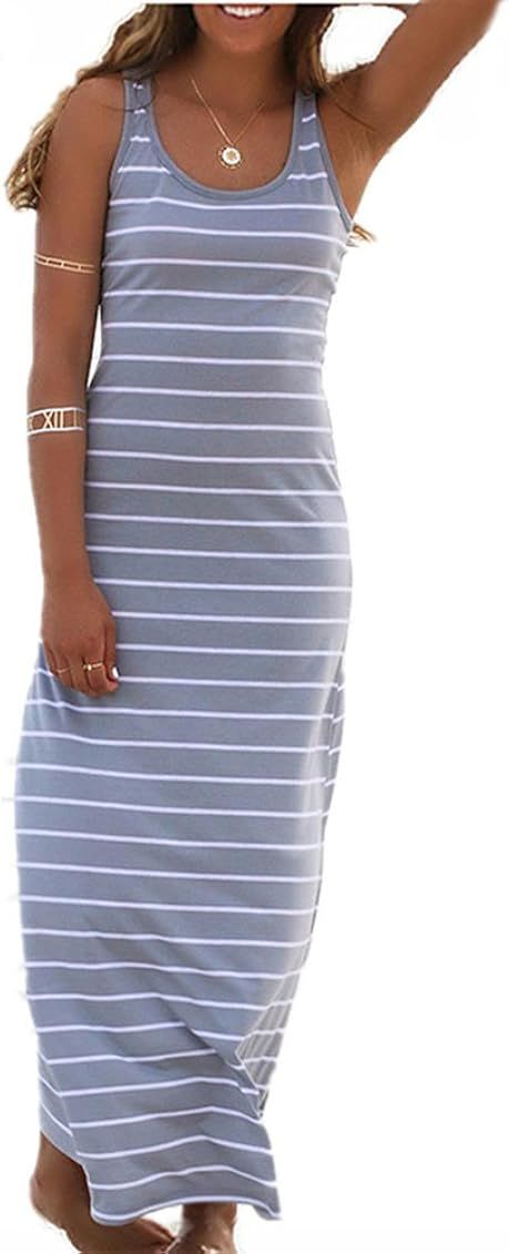 Roselux Women Sleeveless Scoop Neck Striped Maxi Sundresses Loose Racerback Long Dress | Amazon (US)