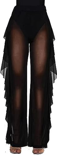 Willow Dance Women's Ruffle Sheer Mesh Pants Swimwear Bikini Cover Up Pants See Through black L | Amazon (US)