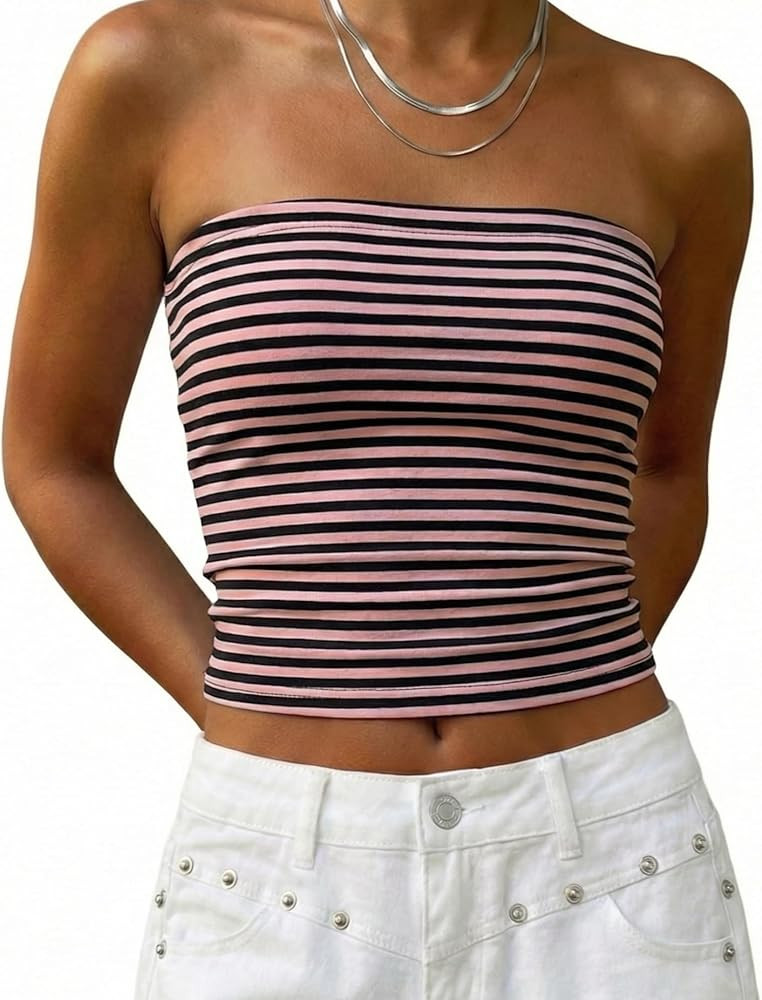 Women Cute Striped Tube Tops Y2K Aesthetic Strapless Bandeau Sleeveless Backless Crop Top Casual ... | Amazon (US)