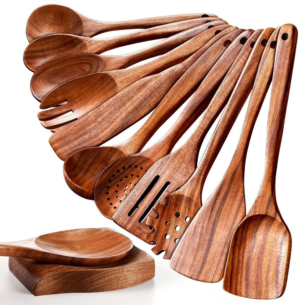 Wooden Spoons for Cooking, 12 Pcs Nonstick Wooden Cooking Utensils Set with Comfort Grip – 100%... | Amazon (US)
