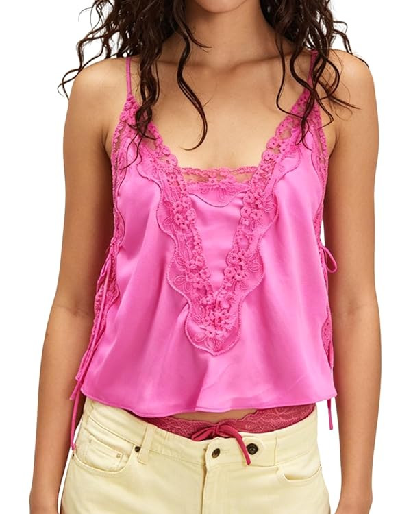 Naileksi Women Sleeveless Lace Trim Crop Chiffon Top Sexy Spaghetti Strap Loose Fit Side Tie Holl... | Amazon (US)