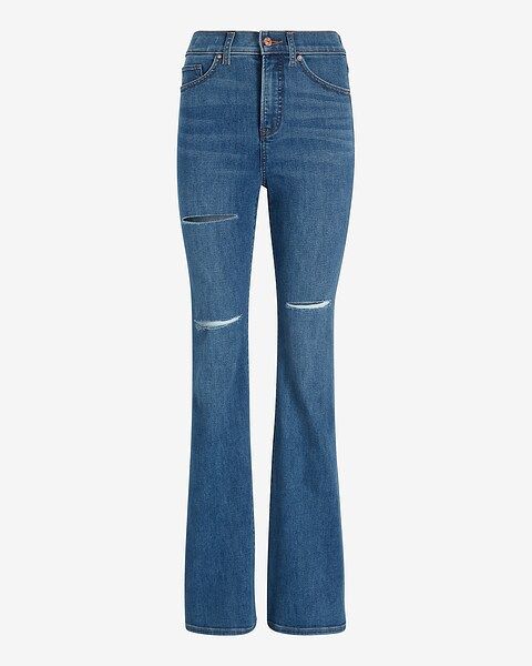 Conscious Edit High Waisted Medium Wash Ripped Flare Jeans | Express