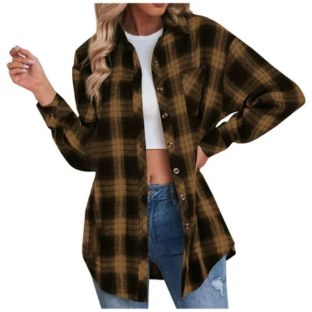 Womens Coat Plaid Jackets Turndown Collar Button Cardigan Lady Print Long Sleeve Outerwear Tops Loos | Walmart (US)