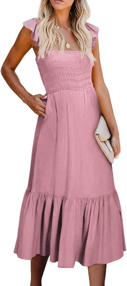 BLENCOT Women's Ruffle Spaghetti Straps Midi Dress 2023 Summer Sleeveless A Line Swing Smocked Su... | Amazon (US)