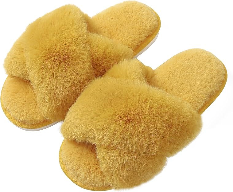 Evshine Women's Fuzzy Slippers Cross Band Memory Foam House Slippers Open Toe | Amazon (US)