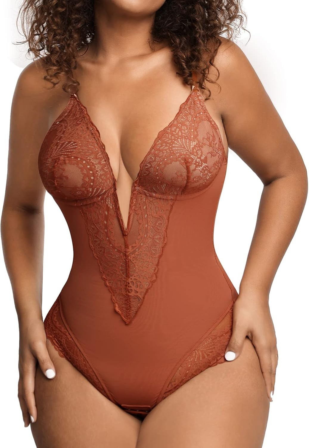 Popilush Lace Shapewear Bodysuit Women V Neck Tummy Control Backless Tank Tops Body Suit Thongs | Amazon (US)