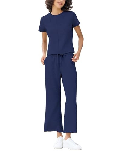 EYZH Womens Travel Outfits 2 Piece Sets,Short Sleeve Crewneck Tops Wide Leg Crop Pants,Lounge Sets Two Piece Casual Tracksuit | Amazon (US)